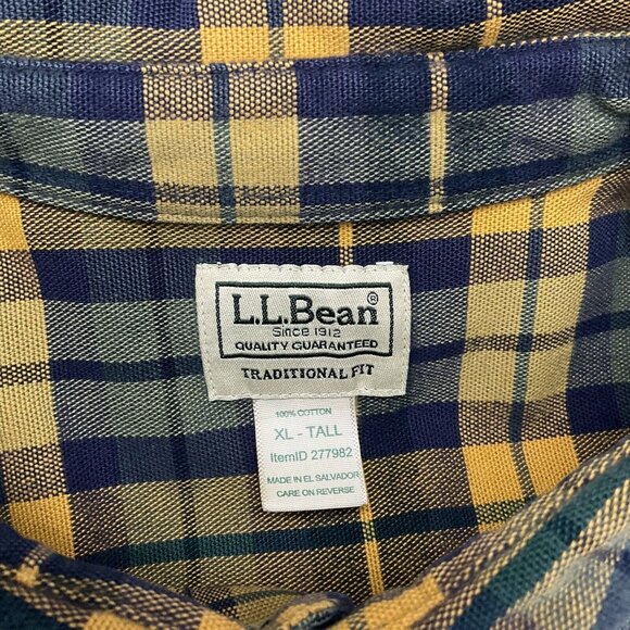 LL Bean Men Shirt XLarge Tall Blue Yellow Plaid Heavy Canvas Traditional Fit VTG - Picture 2 of 12